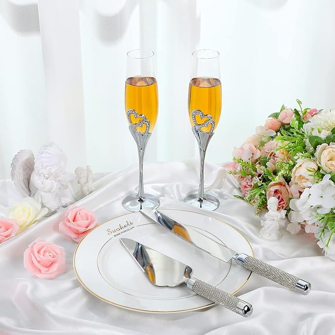 Elegant Wedding Champagne Flutes and Cake Knife Set, Features Rhinestone Rimmed Toasting Glasses and Cake Cutting Server for Couple’s Special Day (Silver)