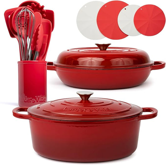 Larder & Vine 20 Piece Cookware Set (Cabernet) | Dutch Oven, Utensil Set, Saucepan, and Trivets