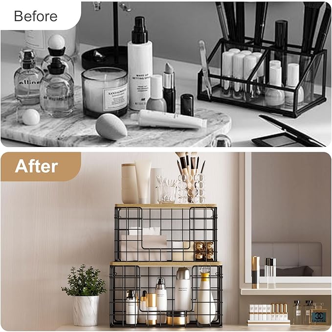 2 Pack Trash Bag Dispenser Under Sink, Trash Bag Holder with Bamboo Top, Garbage Bag Dispenser, Storage Stackable for Kitchen Laundry Organizers Countertop Organization Black