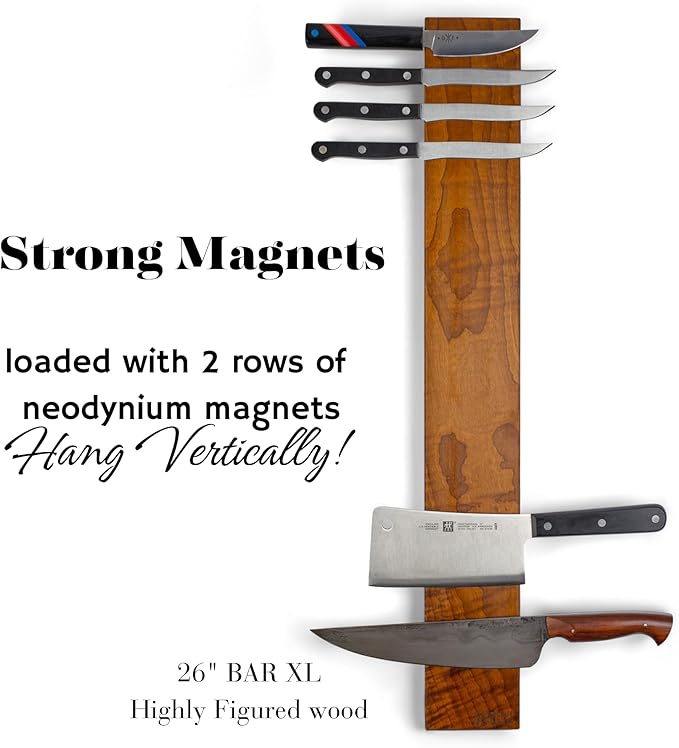 360KnifeBlock BAR – 26"x 4” - Guitar Wood - 2 Rows of Magnets, backer w/level system, 2"screws, handmade in Washington – WOOD