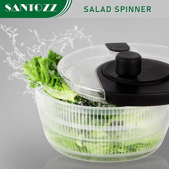Santozz Rotary Salad Spinner with Bowl 4.2Qt, Lettuce Dryer, Vegetable Washer, Colander and Build in Draining System for Washing, Draining Vegetables, Greens and Fruits