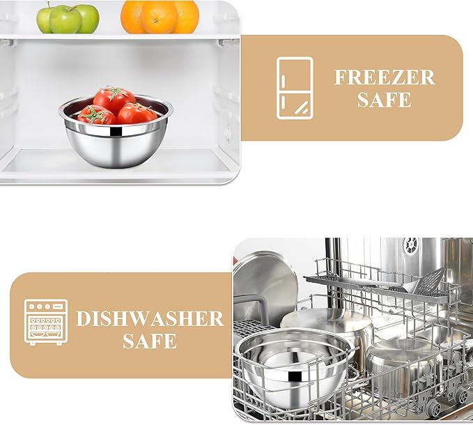 7 Piece Stainless Steel Mixing Bowls with Lids Set - Khaki Nesting Metal Mixing Bowls for Kitchen, Sizes 4.5, 4, 3.5, 2.1, 1.5, 1.1, 0.7 Qt for Baking, Cooking and Serving, Dishwasher Safe