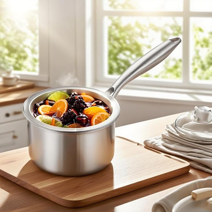 2.5 Quart Triple Stainless Steel Saucepan with Lid, Ramen Pot with Clear Glass Cover, Small Sauce Pan for Cooking Oatmeal, Induction-Ready, Dishwasher-Safe, Suitable for All Stoves