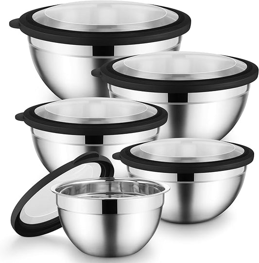 Onader Stainless Steel Mixing Bowls with Black Lids, Metal Nesting Mixing Bowl Set of 5 - Size 1.5, 2, 2.6, 3.5, 4.6QT