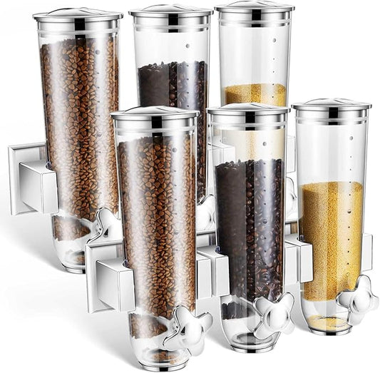 Umigy 2 Pcs Candy Dispenser Wall Mounted, Triple Dry Cereal Grain Dispenser Machine Wall Mount, Food Storage Container for Pantry Snack with 3 Cup for Kitchen, 39 oz (Silver)