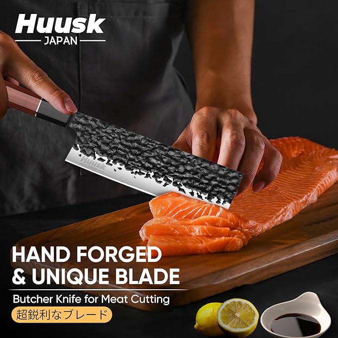 Huusk 7" Nakiri Chef Knife - Japanese Hand Forged Chopping Knives, 3 Layers 9CR18MOV High Carbon Kitchen Knife, Professional Sharp Cooking Knife with Ergonomic Handle for Meat, Vegetables, Fish