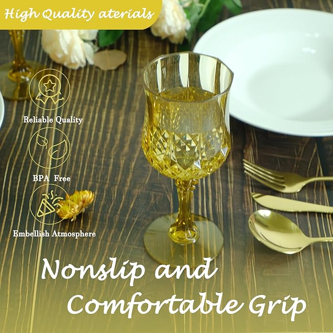 Plastic Wine Glasses,Plastic Goblets Vintage Style Cordial Drinking Glasses for Wedding Reception, Grand Event Party Supplies (12, Gold)