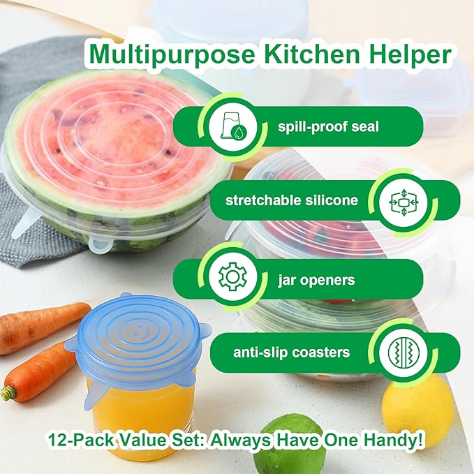 Silicone Stretch Lids – 12 Pack Reusable Food Covers,Flexible Silicone for Bowls, Containers, Fruits – Airtight & Leakproof Seal for Kitchen Storage (Transparent & Blue)