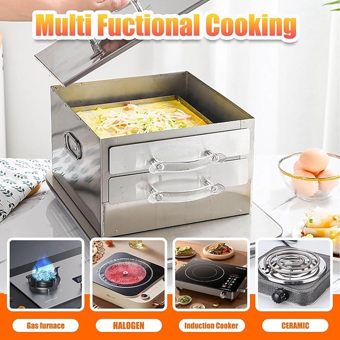 2-Layer Rice Roll Steamer, Stainless Steel Rice Noodle Roll Steamer with Acrylic Handle Steam Tray, Top Open Rice Noodle Roll Machine, for Chinese Cheung Fun Changfen Cuisine Recipes Cookware