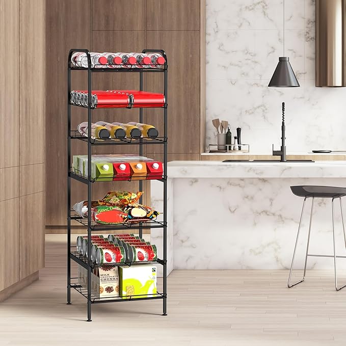 Water Bottle Organizer 7 Tier Freestanding Water Bottle Storage Organizer Metal Bottle Rack Holder Stand Shelf for Kitchen Pantry Food Storage (Black)