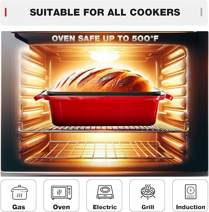 9x5 Enameled Cast Iron Loaf Pan with Lid – Bread Pan for Sourdough, Cake, Meatloaf, Even Heat, Nonstick, Easy to Clean, 2 Piece Set