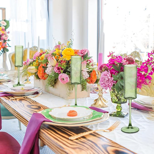 6 Pieces Green Champagne Flutes,6 OZ Twill Pattern Striped Vintage Stem Glasses Stemware Wine Glasses Champagne Long Stem Drinking Colored Glasses Goblets for Wedding Cocktail Cups,Cava, Prosecco