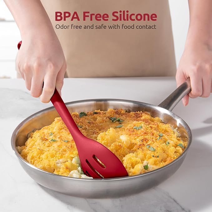 600ºF Heat Resistant Silicone Spoons: U-Taste 13.3in Solid & Slotted Kitchen Cooking Spoon, Nonstick Long Rubber Utensil, Sturdy for Mixing, Serving, Stirring, Frying, Draining (Red, 2PCS)