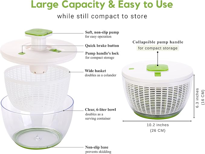 Brieftons QuickPush Salad Spinner: Large 6.3-Quart Vegetable Washer Dryer Strainer Drainer, Easy One-Handed Handle & Brake, Fast Spin Cycles, Compact Storage, to Wash, Clean & Dry Vegetables, Fruits