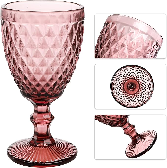 ZOOFOX Set of 6 Vintage Wine Glasses, 10 oz Colored Glass Goblet with Stem, Diamond Design Embossed Glassware for Baby Shower, Wedding, Party, Holiday