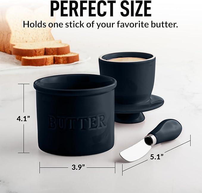 Zulay Kitchen Butter Crock With Lid & Spreader Knife for Countertop - Ceramic French Butter Dish Keeper For Fresh & Spreadable Butter - Midnight Blue