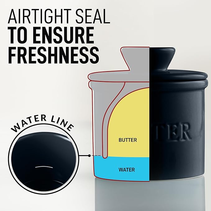 Zulay Kitchen Butter Crock With Lid & Spreader Knife for Countertop - Ceramic French Butter Dish Keeper For Fresh & Spreadable Butter - Midnight Blue