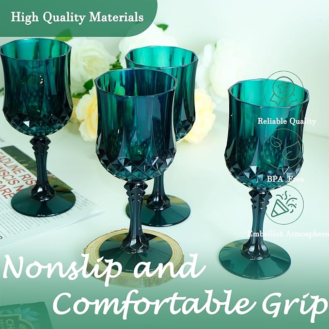 Plastic Wine Glasses,Plastic Goblets Vintage Style Cordial Drinking Glasses for Wedding Reception, Christmas Grand Event Party Supplies (48, Green)