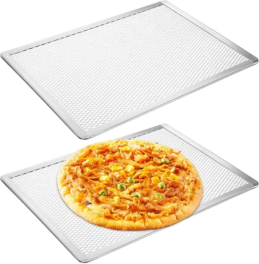 2 Pcs Pizza Screen, 11 x 15.7 Inch Rectangular Aluminum Pizza Pan Restaurant-Grade Flatbread Screen Pizza Crisper Pan, Stainless Steel Cooling and Baking Rack Set, Oven-Safe