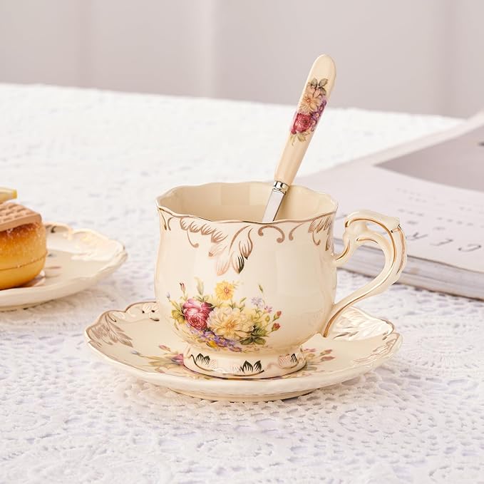 YOLIFE Tea Cups and Saucers Set of 6, Ivory Porcelain Tea Cups Set with Stand, Floral with Gold Leaves Trim Design, Gift for Women (Includes Gift Box, Tote Bag, Greeting Card)