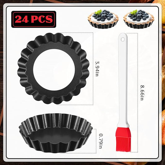 Patelai 24 Pieces Mini Tart Pans 4 Inch with Removable Bottom Round Nonstick Quiche Pan Fluted Sided Small Tart Tins Mold for DIY Kitchen Baking Pies, Tartlets, Mousse Cakes, Muffins, Fruit, Desserts