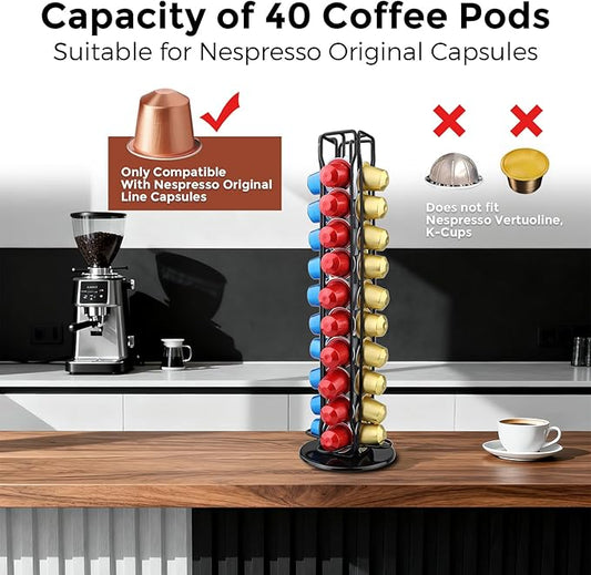 Coffee Pod Holder Compatible with Nespresso Original Capsule– Holds 40 Pods, 360° Rotating Coffee Carousel Storage, Space-Saving Countertop Organizer, Stylish Gift for Coffee Lovers (Black)