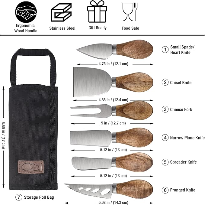 Esie Houzie Charcuterie Board Accessories - 6 Piece Cheese Knife Set Stainless Steel With Acacia Wooden Handle for Cheese Serving Cutting, Cheese Tools Butter Knife With Storage Bag Included Gift Set
