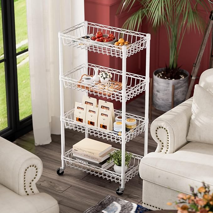 SINGAYE 4 Tier Basket Shelf Wire Shelving Unit Adjustable Storage Shelves Big Basket Rack for Garage Kitchen Office Pantry Corner 17" Dx12 Wx50 H White