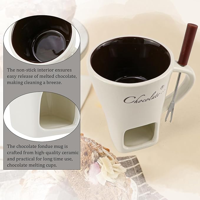 2 Sets Chocolate Fondue Cup with Fork, Ceramic Chocolate Melting Mug, Porcelain Melt Chocolate Fondue Crucible, Mini Fondue Pot for Cheese Caramel Butter