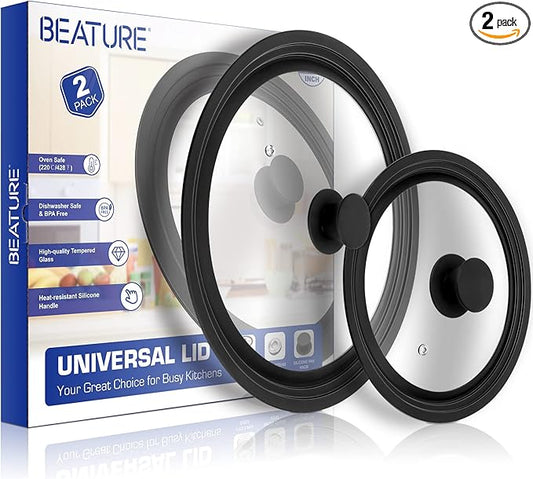 Universal Tempered Glass Lid - 2 Pcs, Heat Resistant Silicone Rim, Fits 6" - 12" Diameter Cookware, Replacement Lid for Frying Pan and Cast Iron Skillet