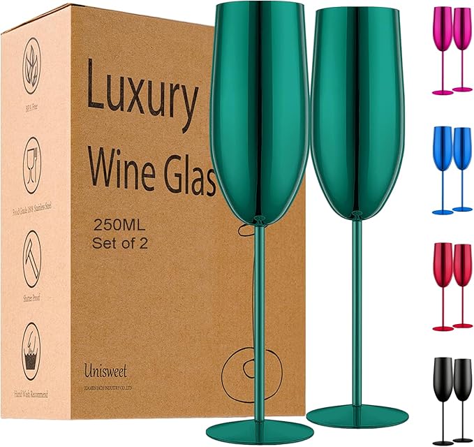 Champagne Glasses Set of 2 Stainless Steel Champagne Flutes Wedding Gifts for Bride 8.5 oz Unbreakable Champagne Glasses for Party Wedding Christmas Anniversary Brithday (Green)