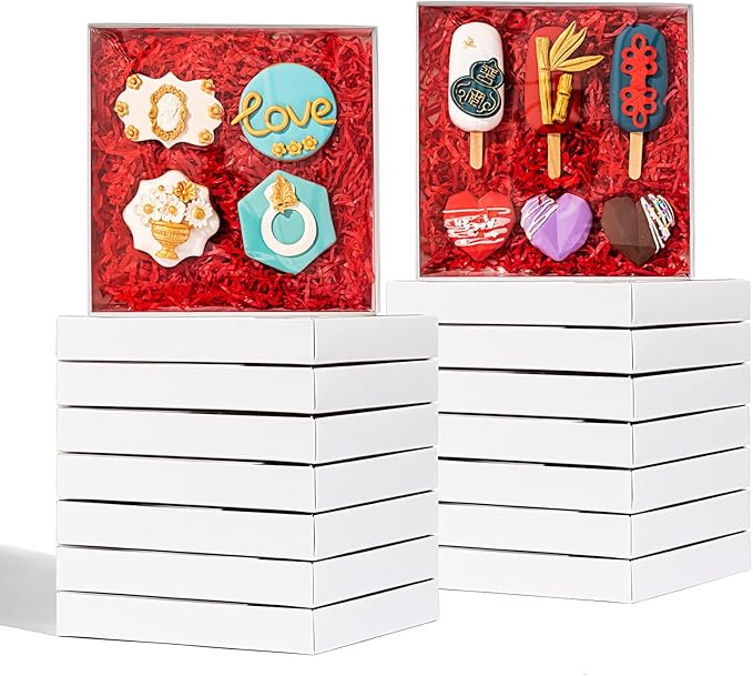 RomanticBaking 50Pack 8x8x1½ Inch Clear Cookies Boxes for Gift Giving Chocolate Covered Pretzel Rods Boxes Heart Cocoa Bombs Boxes Macaron Boxes