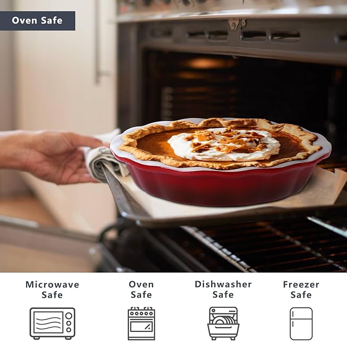 Lareina Deep Dish Pie Pan for Baking, 9 Inch Ceramic Fluted Pie Dish for Apple, Quiche, Pecan, Pot Pies, 53 Ounce Round Pie Plate, Gift for Thanksgiving, Set of 2, Red