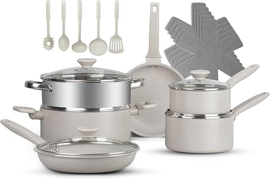 Granitestone 20 Pc Pots and Pans Set Non Stick Cookware Set with Steamer, Cooking Utensils Set and Pad Protectors, Stay Cool Handles, Non Toxic PFOA PFOS Free, Oven and Dishwasher Safe