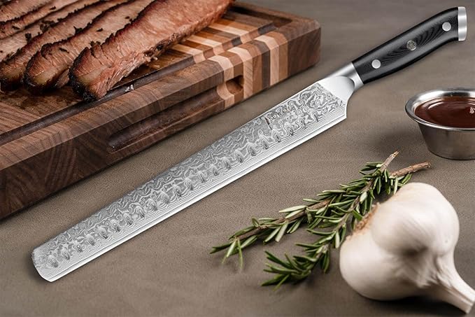 SENKEN 12" Damascus Steel Brisket Knife - Shogun Collection - 67-Layer Japanese VG10 Steel w/Full-Body G10 Military Grade Handle - Ultra Sharp Carving Knife for Brisket, Meat, Roasts, and Large Fruit