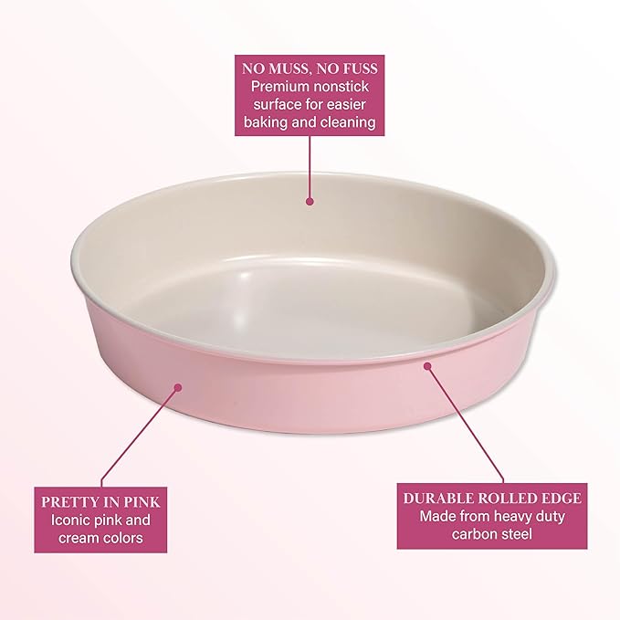 Paris Hilton Nonstick Carbon Steel Bakeware Collection, 9-Inch Round Cake Pan, Dishwasher Safe, Made without PFOA and PFAS, Pink Cream Two-Tone