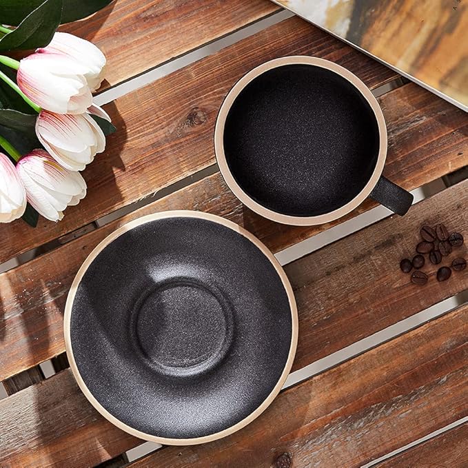Vintage Design 12 oz Ceramic Latte Art Cappuccino Barista Cup with Saucer (Rough Black)