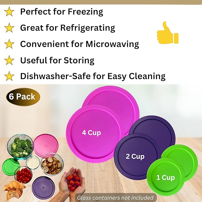 1, 2 & 4 Cup Round Plastic Replacement Lids for Pyrex, Anchor Hocking & KlareWare *Containers Not Included* (Spring Green, Purple, Pink, 6-Pack)