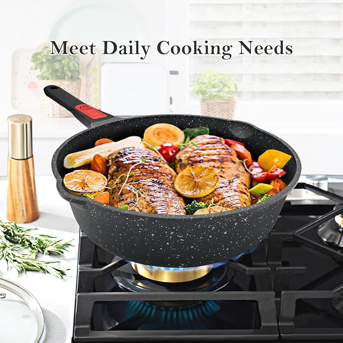 11 Inch Nonstick Deep Frying Pan with Lid, 4-Pc Set - (4.5 Qt Saute Pan with Lid, Steamer/Strainer Basket, Silicone Spatula), Skillet with Detachable Handle, Oven Safe, Non-Toxic