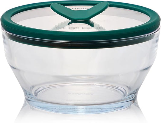 Anyday 4-Cup Glass Food Storage with Glass Lid, Round Deep Dish | Plastic-Free Meal Prep & Microwave Cookware | Stackable Airtight Storage Container with Vented Lid for Microwave-Safe Reheating