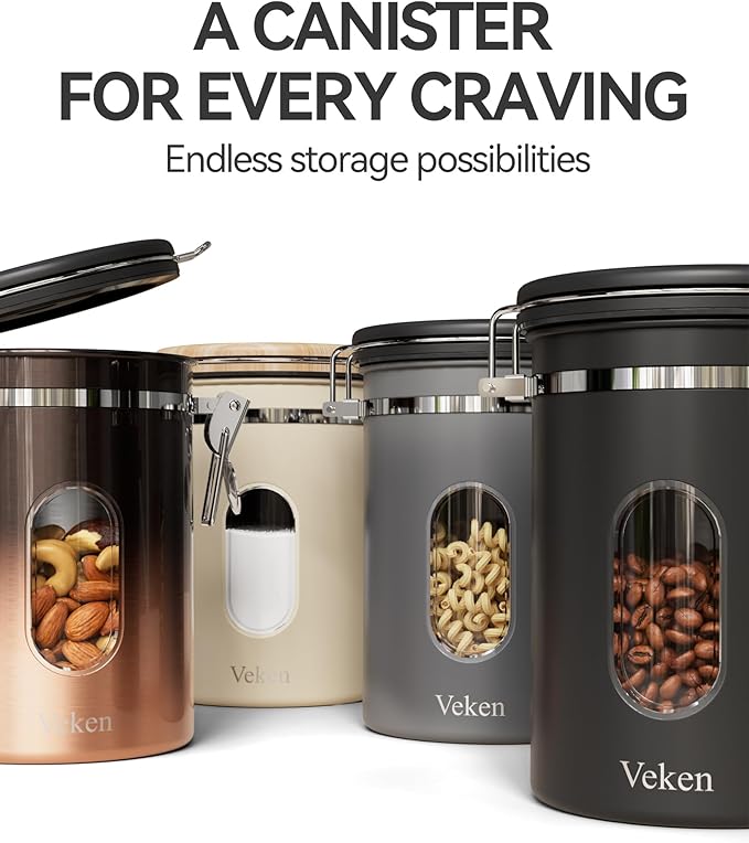 Veken Coffee Sugar Canister with Window, Coffee Lover Gift Set,Airtight Stainless Steel Kitchen Food Storage Container Gifts, Date Tracker & Scoop for Grounds Coffee,Beans,Tea,Flour,Cereal,22OZ,Cream