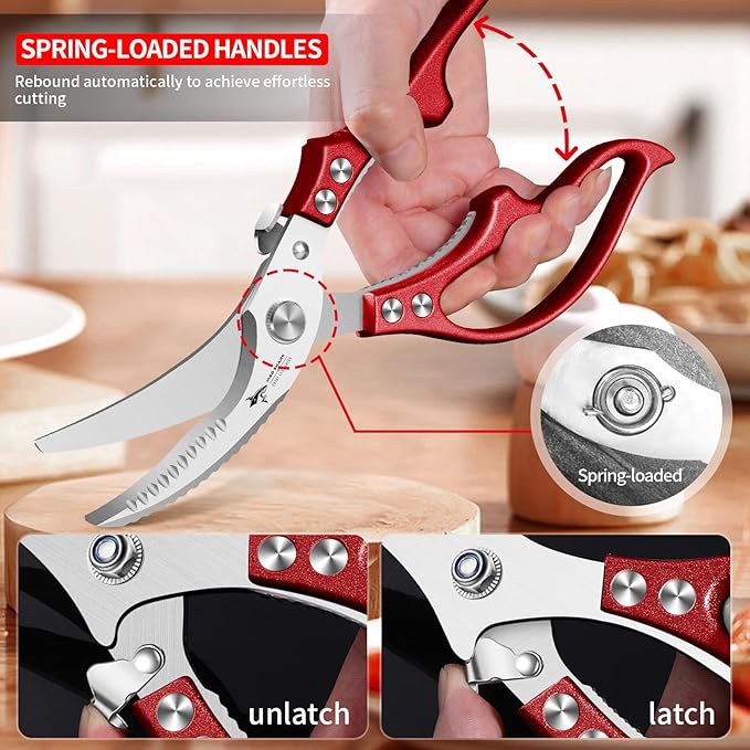 MAD SHARK Professional Heavy Duty Poultry Shears - Kitchen Shears for Spatchcocking Chicken and Meat Cutting, Multi-Purpose Kitchen Scissors for Food, Spring-loaded (Red)
