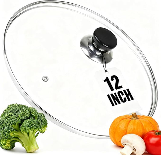 Round Tempered Glass Pot Lid Replacement - 12 Inch (29.5cm Inner Diameter / 30.8cm Outer Diameter), Universal Slow Cooker Lid for 10-12 Quart Pots and Dutch Ovens, Heat-Resistant Clear Cover