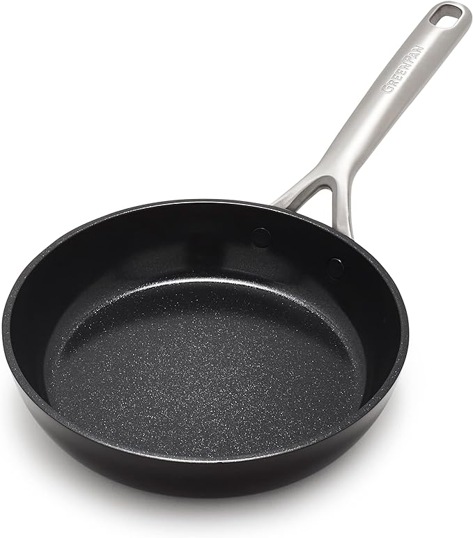 GreenPan GP5 Hard Anodized Healthy Ceramic Nonstick 8" Frying Pan Skillet, Heavy Gauge Scratch Resistant, Stay Flat Surface, Induction, Mirror Finish Handle,Oven Safe, PFAS-Free, Black