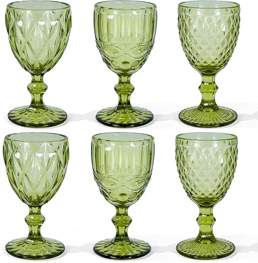 Vintage Wine Glasses Set of 6, 12 OZ Colored Glass Water Goblets, Embossed Floral Decorative Crystal Glass Cups Set, Dishwasher Safe, for Wedding, Party, Red Wine Glass, Bars, Restaurants