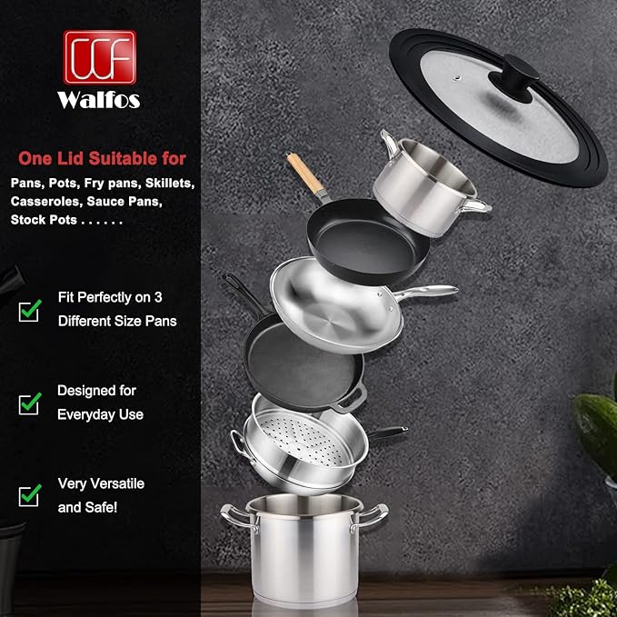 Walfos Universal Lids for Pots, Pans and Skillets - Tempered Glass with Heat Resistant Silicone Rim, Fits 6.5", 7" and 8" Diameter, 9.5", 10" and 11" Diameter Cookware(2PK)