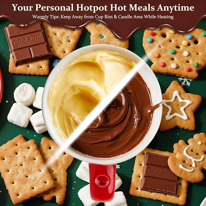 HANEVEAR 2 Pack Chocolate Fondue Mug, Mini Chocolate Melting Mug with 4 Forks and 4 Tealights, Ceramic Fondue Cup with Festive Holiday Pattern for Cheese, Butter - Birthday, Christmas, Wedding Gift