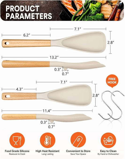 Multifunction Spatula Spoon for Nonstick Cookwares, Great for Cooking and Serving, Sturdy BPA-Free Matte Silicone, Wood Handle Spatula for Mixing, Scoop, and Scrape, Khaki(2 pack,11.4" & 13.4")