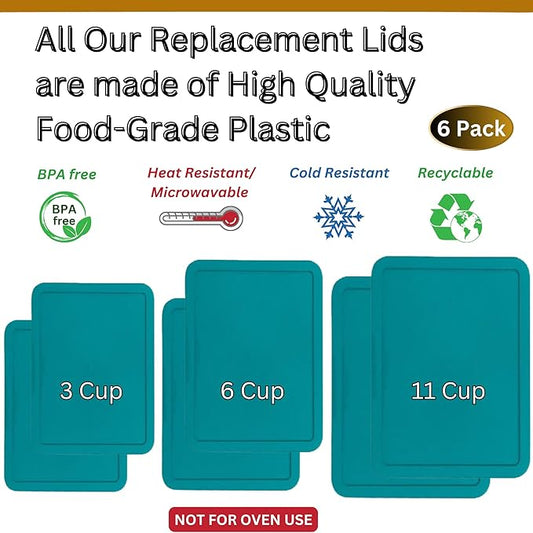 3, 6 & 11 Cup Turquoise Replacement Lids/Covers for Pyrex, Anchor Hocking & KlareWare Storage Bowls *Lids Only Glass Container Not Included* (6 Pack *Two of Each Size*)