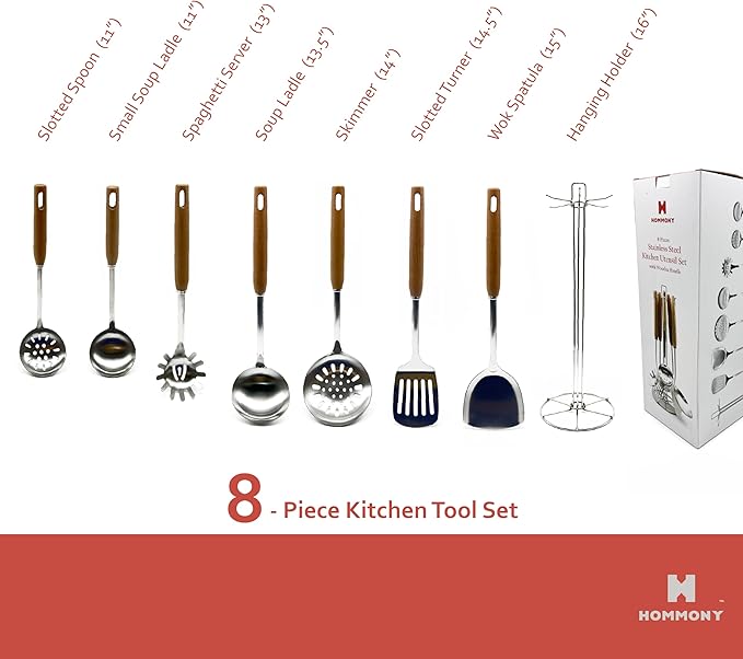 Cooking Utensils Set, 8-Piece 304 Stainless Steel Kitchen Tool Sets with Holder, Wooden Handle Heat Resistant Kitchen Cookware Set, Gadgets Tools Set Gift
